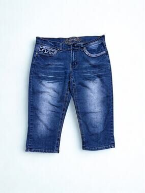 Vtg Y2K No Fuze Denim Capri Bermuda Shorts Bedazzling Contrast Embroidery